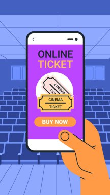 Sinema için online bilet satın alma konsepti. El ele tutuşan akıllı telefon ve sinema salonu arka planında bilet. Mobil uygulama ekran tasarımı. Vektör illüstrasyonu