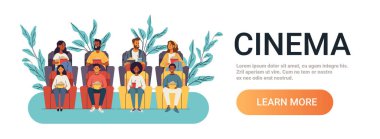 İnsanlar sinema seyircisi izliyor. Çeşitli gruplar, beyaz arka planda bitkilerle çevrili patlamış mısır içecekleriyle sıraya girdiler. Web sitesi afiş şablonu. Vektör illüstrasyonu