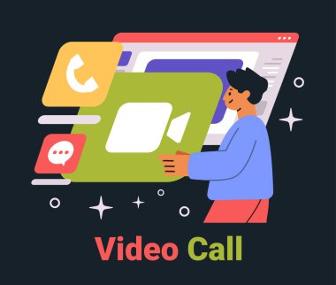 Görüntü sohbet simgeleri tutan video çağrısı kişi karanlık mod arayüzü renkli elementler web sitesi tasarım vektör çizimi