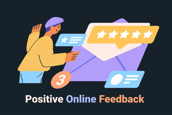 Концептуальная иллюстрация позитивной обратной связи, изображающая человека, взаимодействующего с иконками рейтинга и сообщениями на темном фоне интерфейса сайта Векторная иллюстрация