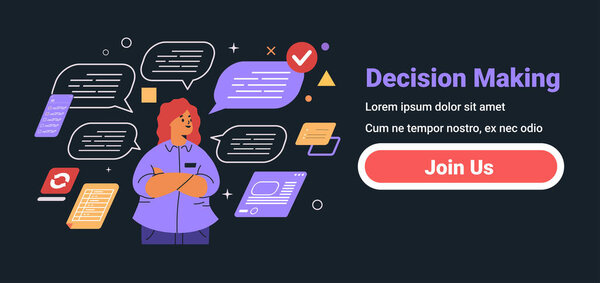 Концепция принятия решений деловая женщина в окружении мыльных пузырей речи и иконок на темном фоне сайта дизайн баннера Векторная иллюстрация