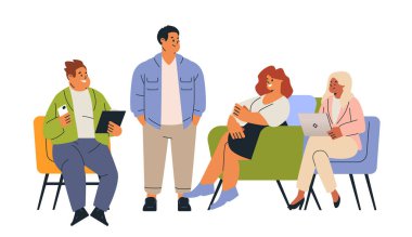 İş adamları çeşitli meslektaşlarıyla buluşup modern ofiste renkli koltukları dizüstü bilgisayarların gelişigüzel giyimli Vektör illüstrasyonunu tartışıyorlar.