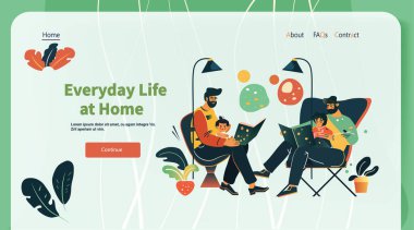 Aile evde kitap okuyan babalar ve çocuklar modern tasarım web sitesi, Vektör illüstrasyonunu tasvir ediyor