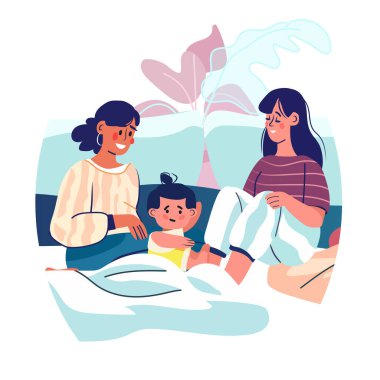 Aile birlikte mutlu ebeveyn çocuk bağı ev konforlu sahne renkli arkaplan vektör illüstrasyonu