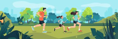 Family jogging outdoor fitness activity park scene vibrant colors trees greenery urban background landscape vector illustration clipart