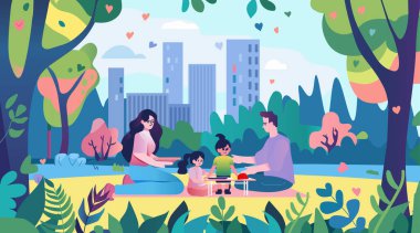 Şehir parkında aile pikniği. Çimenlerin üzerinde oturan aileler ve çocuklar. Ağaçlarla çevrili arka plandaki gökdelenler.