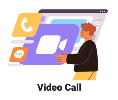 Video çağrı konsepti kişisi dijital arayüz iletişim simgeleriyle etkileşime giriyor renkli grafikler modern tasarım vektörü çizimi