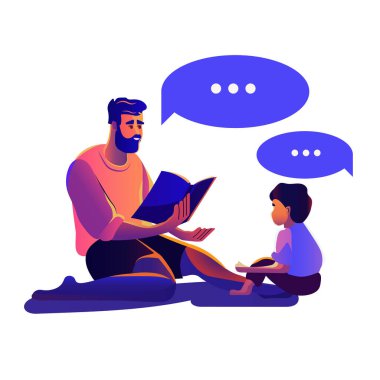 Baba, çocuk aile bağlarına kitap okuyor. Yerde oturan bir baba ve oğul, üzerlerinde canlı renkler olan konuşma baloncuklarıyla hikaye anlatmakla meşguller. Vektör illüstrasyonu