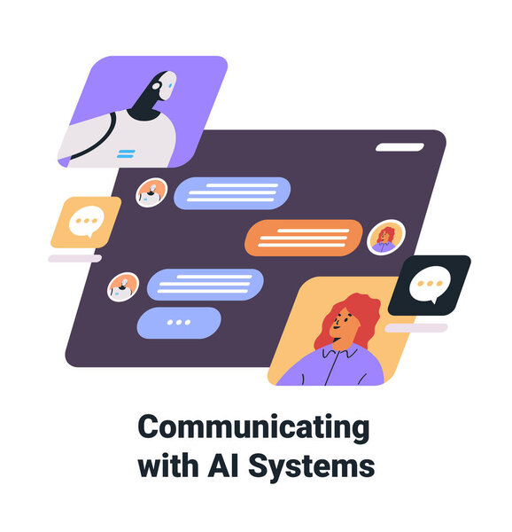 Концептуальный интерфейс чата AI люди роботы красочные диалоговые пузыри различных персонажей цифрового взаимодействия веб-дизайн векторной иллюстрации