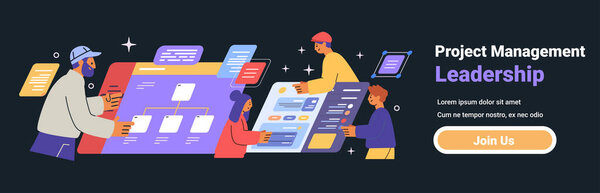 Gestión Proyectos Liderazgo Trabajo Equipo Concepto Personas Que Colaboran Interfaces — Vector de stock