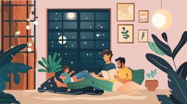 Aile yatmadan önce masal okurken ev içi rahat bitkiler gece gökyüzü penceresi sıcak renkler Vektör illüstrasyonu