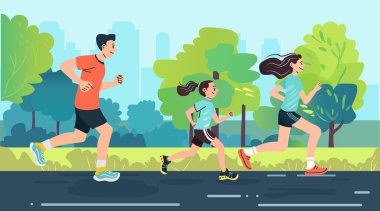 Aile dışarıda koşuyor sağlıklı yaşam tarzı aktiviteleri park arka planda renkli ağaçlar birlikte koşuyor baba anne kız Vector illüstrasyon