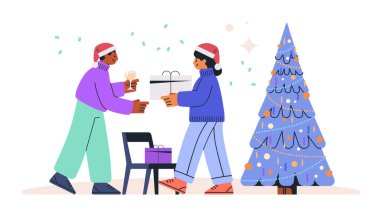 Noel hediyesi değiş tokuş sahnesi. Noel Baba şapkası takan, süslü bir ağacın yanında hediyeleri olan iki kişi. Parlak renkler ve neşeli bir atmosfer. Vektör illüstrasyonu.