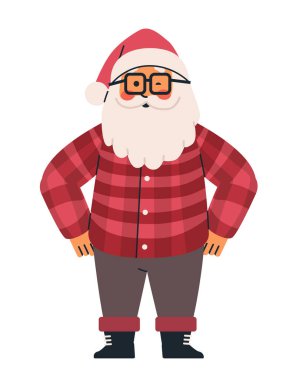 Noel Baba hipster tarzı gözlüklü, ekose gömlekli, kahverengi pantolonlu modern festival karakteri tasarımı Vector çizimi.