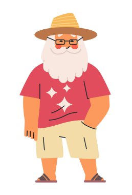 Hasır şapka ve gözlük takmış, arka planda tek eli cebinde gülümseyen sıradan yaz kıyafetleri giyen yaşlı bir adam. Vektör illüstrasyonu.