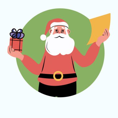Noel Baba 'nın elinde bayram hediyesi listesi var. Kırmızı takım elbiseli neşeli Noel Baba. Yeşil daire arka planda mevcut ve kağıt var. Noel tasarımları için mükemmel. Vektör illüstrasyonu.