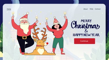 Noel Baba ve kadın, Noel 'i ren geyikleriyle kutluyor. Bayram kutlamaları. Kırmızı şapkalar, maytaplar, karlı arka plan web sitesi tasarımı.