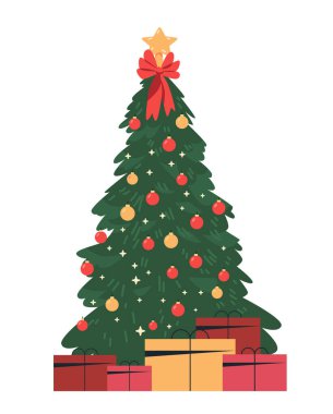 Süslerle süslenmiş Noel ağacı. Kırmızı ve altın sarısı süslemeli bayram sahnesi beyaz arka planda sunuluyor. Vektör illüstrasyonu.