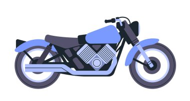 Mavi tonlarda motosiklet yan görüntüsü parlak tasarım ve beyaz arkaplanda mekanik detaylar sergiliyor. İnternet sitesi tasarımı veya dijital sanat için ideal. Vektör illüstrasyonu.
