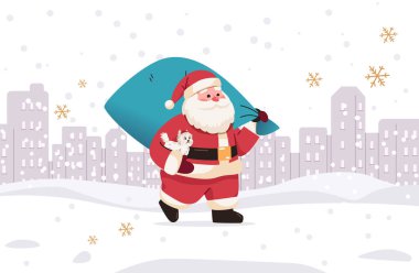 Santa Claus carrying gifts in snowy cityscape festive winter scene with dog snowflakes and buildings holiday celebration concept vector illustration clipart