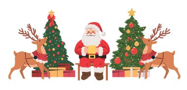 Ren geyikli ve Noel ağaçlı Noel Baba bayram sahnesi hediyeleri renkli tasarım vektörü çizimleri
