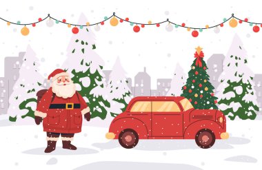 Noel Baba 'nın Noel sahnesinde klasik araba, karlı kış manzarası, ağaçları süsledi, festival ışıkları, tatil temalı illüstrasyon.