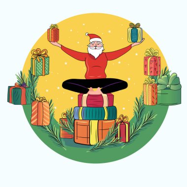 Noel Baba hediyeler üzerine meditasyon yapıyor. Huzurlu tatil sahnesi. Renkli arka plan yıldızları.