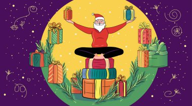 Santa meditating surrounded by gifts festive holiday scene with colorful presents pine branches starry background purple and yellow tones web design Vector illustration. clipart