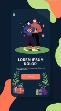 Çift hediyeler taşıyor soyut şekilli bitkiler ve sunar mobil uygulama ekran temsilciliği