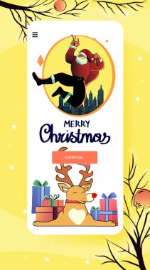 Christmas mobile app design Santa reindeer gifts festive scene vibrant colors city skyline holiday celebration digital template vector illustration clipart