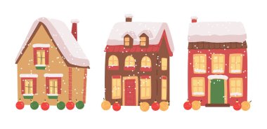 Winter houses with snow-covered roofs festive scene. Three colorful houses decorated with snowflakes and ornaments on a white background. Vector illustration. clipart