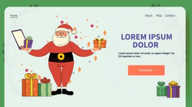 Noel Baba hediyeler taşıyor. Şenlik tasarımı. Kırmızı takım elbiseli neşeli Noel Baba. Etrafı renkli noktalar ve web sitesinde hediye kutularıyla çevrili. Vektör illüstrasyonu.