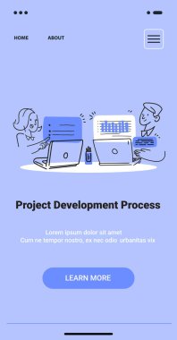 Proje Geliştirme Süreci takım çalışması kavramı dizüstü bilgisayarlar grafikleri ve mavi arkaplan mobil uygulama minimalist ekran vektör ilülasyonu üzerine notlar üzerinde işbirliği yapan iki kişi ile