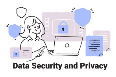 Veri güvenliği ve gizlilik kavramı kadın dizüstü bilgisayar kullanıyor. Etrafı kalkanlar ve belgelerle çevrili. Minimalist çizim stili vektör çizimi