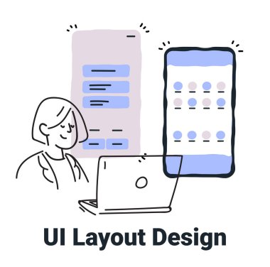 Web tasarım vektörü illüstrasyonu için minimalist el çizimi biçiminde dizüstü bilgisayar ve uygulama ekranları üzerinde çalışan kişinin UI Mizansen Tasarımı kavramı