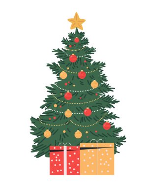 Noel ağacı süslemelerle süslenmiş, yıldızlarla süslenmiş bayram tasarımının altında hediyeler ve beyaz arkaplan çizimleri ile paketlenmiş hediyeler.