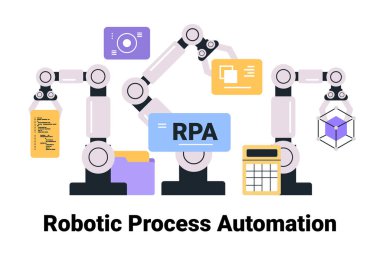 Robot kollar ile robot işlem otomasyon konsepti kod dosyaları ve grafikler gibi dijital elementlerle etkileşim halindedir. Teknoloji yenilik teması. Vektör illüstrasyonu.