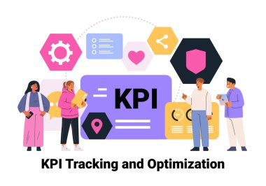 KPI izleme ve optimizasyon konsepti insanlar veri rengarenk simgeleri analiz takım çalışması dijital strateji iş büyüme vektörü çizimi