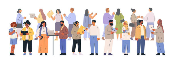 Diverse group collaboration business meeting concept. People engaged in discussions holding laptops and documents in casual attire on a white background. Vector illustration.