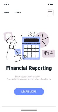 Hesap makinesi ve grafikler ile mali raporlama kavramı el çizimi stili mavi aksanlar web tasarım şablonu illüstrasyonu