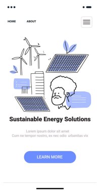 Rüzgar türbinleri ile sürdürülebilir enerji çözümleri kavramı güneş panelleri ve mobil uygulama ekranı için minimalist çizim tarzı bir kişi. Vektör illüstrasyonu.