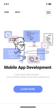 Mobile app development concept with developer coding tools and screens in minimalist thin line style website design vector illustration. clipart