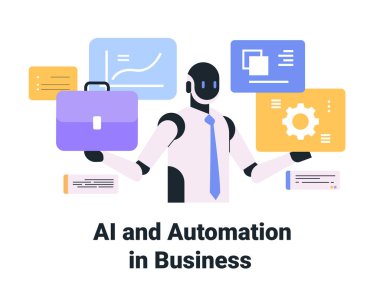 Yapay zeka otomasyon teknolojisini temsil eden iş simgelerine sahip bir robot. Özellik çizelgeleri, renkli arka planlarda evrak çantaları. Teknoloji teması için ideal. Vektör illüstrasyonu.