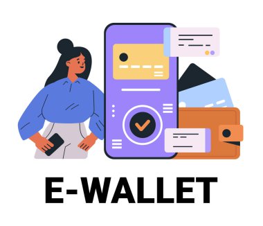 E-cüzdan konsepti dijital finans akıllı telefon kadını elinde telefon renklerinde elementler modern tasarım vektör çizimi tutuyor.