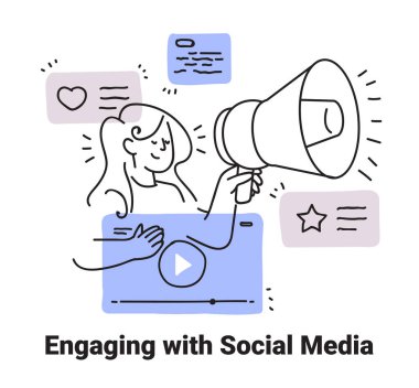 Sosyal medya ilişki kavramı megafonla çevrili, elle çizilmiş biçim vektörü illüstrasyonu