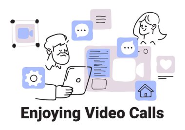 Dijital iletişim Vektörü illüstrasyonu için minimalist el çizimi biçiminde aygıt sohbet simgeleri ve ayarları kullanan kişilerle video çağrıları kavramı