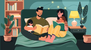 Aile, yatak odasındaki rahat hikayeleri birlikte okuyor. Renkli kitap rafları. Bitkiler sıcak ışıklandırma vektörü illüstrasyonu.
