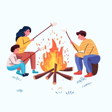 Kamp ateşi etrafında marşmelov kızartan aile kampı. Eğlenceli, rahat atmosfer web sitesi tasarımı Vektör illüstrasyonuyla ilgilenen canlı renkli karakterler.