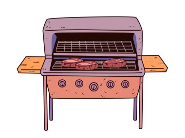 Biftekli ızgara, açık hava yemekleri çizimi. Et ahşap rafları ve kontrol düğmeleri olan ızgaranın detaylı grafiği. Vektör illüstrasyonu.