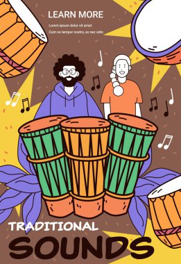 Davullarla geleneksel müzik kutlaması ve insanlar canlı renkler müzik notaları dinamik web sitesi afişi Vektör illüstrasyonu.